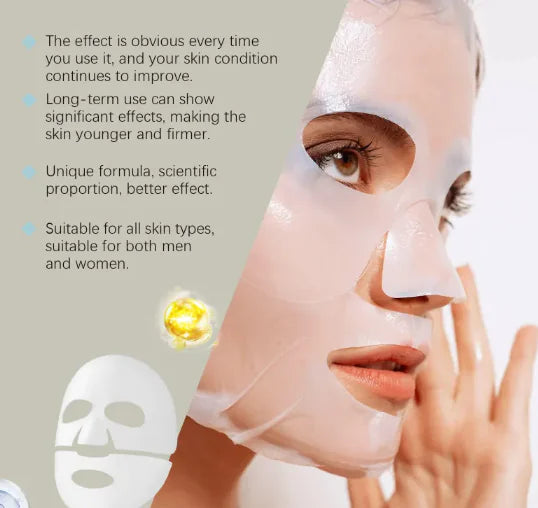 Person wearing a face mask with text about its effects on skin condition.