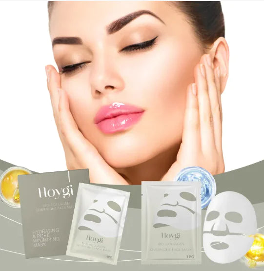Woman with hands on face with Hoygi face mask packaging and masks displayed below.